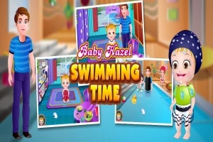 Çizgi film tarzı bir erkek çocuk, bir kız çocuğu ve havuz kenarında Baby Hazel Swimming Time yazısıyla eğlenceli bir yüzme ortamı