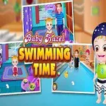 Çizgi film tarzı bir erkek çocuk, bir kız çocuğu ve havuz kenarında Baby Hazel Swimming Time yazısıyla eğlenceli bir yüzme ortamı