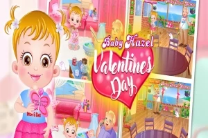 Bebek Hazelı, pembe ve neşeli bir ortamda, Valentines Day metni eşliğinde gösteren renkli bir illüstrasyon