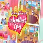 Bebek Hazelı, pembe ve neşeli bir ortamda, Valentines Day metni eşliğinde gösteren renkli bir illüstrasyon