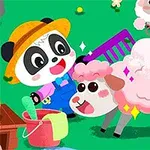 Sevimli bir panda, pembe yünlü bir koyunu tarağıyla tararken mutlu bir şekilde gülümseyen çizgi karakterler
