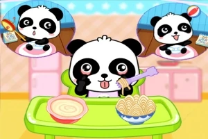 Yeşil bir masada oturan tatlı bir panda, önünde makarna ve soslu bir tabakta yemek yerken gösteriliyor, üstte ise yemek yediği ve dişlerini fırçaladığı iki baloncuğun bulunduğu bir mutfak ortamı
