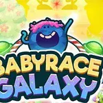 Renkli bir arka planda, pembe saçlı mavi bir yaratık ve Babyrace Galaxy yazısı