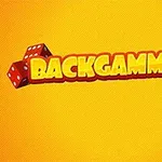 Sarı arka plan üzerinde iki kırmızı zar ve büyük sarı harflerle Backgammonia yazısı