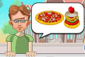Gözlüklü bir adam, konuşma balonunda pizza ve hamburger resmi olan bir görüntü