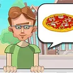 Gözlüklü bir adam, konuşma balonunda pizza ve hamburger resmi olan bir görüntü
