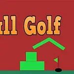 Kırmızı bir arka planda büyük sarı harflerle Ball Golf yazısı, yeşil geometrik şekiller ve bir golf sopası ile topu