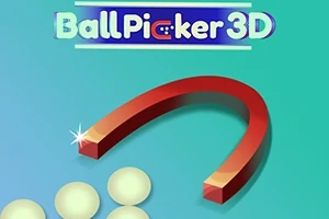 Yeşil arka plan üzerinde Ball Picker 3D yazısı, eğik duran kırmızı bir mıknatıs ve birkaç beyaz top