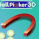 Yeşil arka plan üzerinde Ball Picker 3D yazısı, eğik duran kırmızı bir mıknatıs ve birkaç beyaz top
