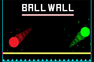 Siyah bir arka plan üzerinde, yukarıda BALL WALL yazısı ve altında kırmızı ve yeşil topların daire şeklindeki izleriyle hareket ettiği neon renkli minimalist grafikler