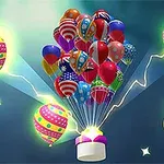 Renkli balonların bir araya gelerek yükseldiği, arka planda yıldızlar ve bir elin butona bastığı bir sahne