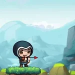 Kapüşonlu bir karakter, elinde ok ve yay tutarak bir platformda duruyor, karşısında ise sarı bir balon olan başka bir platform var