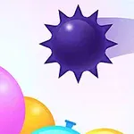 Renkli balonlar ve mor, dikenli bir topun bulunduğu eğlenceli ve renkli bir sahne