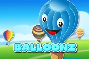 Mavi renkte sevimli bir balon, yeşil çimenli bir alan üzerinde gülümserken, arka planda farklı renklere sahip diğer balonlar ve Balloonz yazısı
