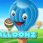 Mavi renkte sevimli bir balon, yeşil çimenli bir alan üzerinde gülümserken, arka planda farklı renklere sahip diğer balonlar ve Balloonz yazısı