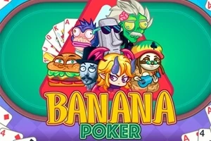 Çizgi karakterlerin ve çeşitli yüz ifadelerinin bulunduğu renkli bir illüstrasyon ile Banana Poker yazısı