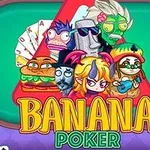 Çizgi karakterlerin ve çeşitli yüz ifadelerinin bulunduğu renkli bir illüstrasyon ile Banana Poker yazısı