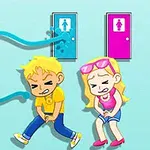 Bir kız ve bir erkek çocuk, su sızıntısının olduğu mavi ve pembe kapılı tuvaletlerin önünde sıkışmış şekilde duruyor