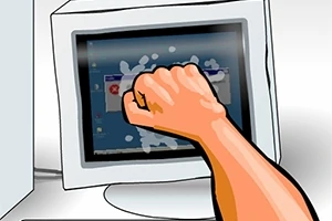Yan yatmış bir monitöre doğru uzanan bir yumruk