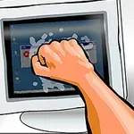 Yan yatmış bir monitöre doğru uzanan bir yumruk