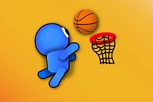 Mavi renkte bir figür, turuncu bir basketbol topunu çizgi stilinde bir potaya atıyor