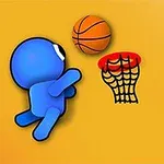 Mavi renkte bir figür, turuncu bir basketbol topunu çizgi stilinde bir potaya atıyor