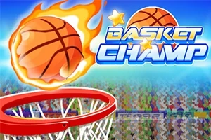 Alevli bir basketbol topu, potaya doğru ilerlerken arka planda bulanık bir kalabalık ve Basket Champ yazısı