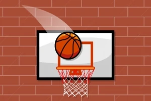 Kırmızı tuğla duvar önünde bir basketbol potasına doğru giden basketbol topu