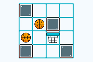 Turuncu basketbol topları, gri kareler ve bir basket potası ile doldurulmuş ızgara deseni