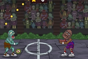 Bir basketbol sahasında zombilerin kalabalık bir seyirci önünde basketbol oynadığı çizgi film tarzında bir sahne