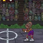 Bir basketbol sahasında zombilerin kalabalık bir seyirci önünde basketbol oynadığı çizgi film tarzında bir sahne