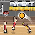 Pixel tarzında basketbol oynayan karakterler ve ortada zıplayan bir basketbol topu