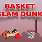 Kırmızı arka planda Basket Slam Dunk yazısı ve basketbol oyunu figürü top sürerken