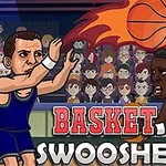 Çizgi karakterlerle dolu bir basketbol sahasında, topu ateşli etkilerle atmakta olan iki oyuncu ve arka planda izleyiciler