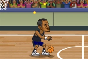 Basketbol sahasında karikatür tarzında çizilmiş bir oyuncu, top sürerken arkasında seyircilerle birlikte görülüyor