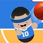 Mavi formasıyla küçük ve yuvarlak bir karakter potaya basketbol topu atıyor