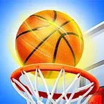 Turuncu bir basketbol topu, çemberden geçerek skor yapıyor ve arka planda mavi bir gökyüzü var