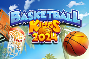 Basketbol topu ve potası önünde palmiye ağaçları ile birlikte Basketball Kings 2024 yazısı