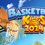 Basketbol topu ve potası önünde palmiye ağaçları ile birlikte Basketball Kings 2024 yazısı