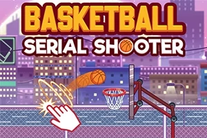 Bir şehir manzarası önünde, fileli potaya atılan basketbol toplarını gösteren çizgi tarzı bir görsel