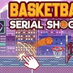 Bir şehir manzarası önünde, fileli potaya atılan basketbol toplarını gösteren çizgi tarzı bir görsel