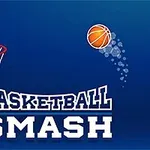 Basketbol potasına doğru hareket eden bir basketbol topu ve altında Basketball Smash yazısı