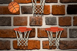 Tuğla bir duvarın önünde duran iki adet basket potası ve yanında bir basketbol topu