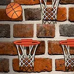 Tuğla bir duvarın önünde duran iki adet basket potası ve yanında bir basketbol topu