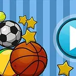 Farklı spor topları ve yıldızlarla çevrili büyük bir mavi oynatma düğmesi