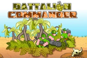 Yeşil üniformalı askerler, çalıların arkasında silahlarıyla gizlenmiş durumdalar, üzerinde BATTALION COMMANDER yazılı bir başlık var