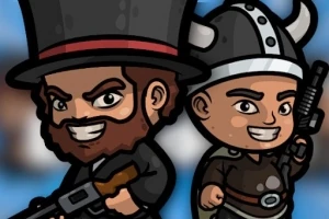 Şapka ve kask takmış, silahlı iki karikatür karakter