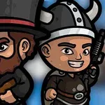 Şapka ve kask takmış, silahlı iki karikatür karakter