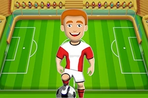 Çizgi tarzında bir futbol sahasında, topun üzerine ayağını koymuş ve kırmızı beyaz formalar giymiş bir futbolcu