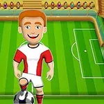 Çizgi tarzında bir futbol sahasında, topun üzerine ayağını koymuş ve kırmızı beyaz formalar giymiş bir futbolcu